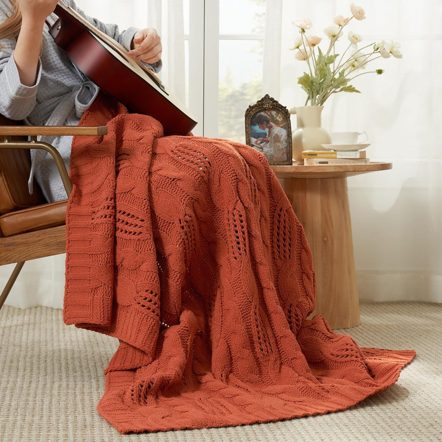 Amélie Home Chunky Knit Throw Blanket, Dual-Sided Soft Chenille Breathable Cable Knitted Blanket for Couch, Farmhouse Decorative Throw for Sofa & Chair, 60"x80", Burnt Orange