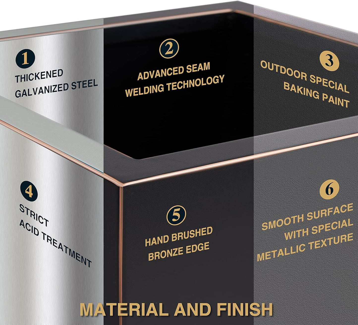 Wallowa Metallic Heavy Planter for Outdoor Plants, 14Lx14Wx30H Inches, Tall Metal Planter Box with Hand Brushed Gold Edge for Outside & Indoor, 25 Pounds, No Assembly and Seamless, Set of 2 (Black)