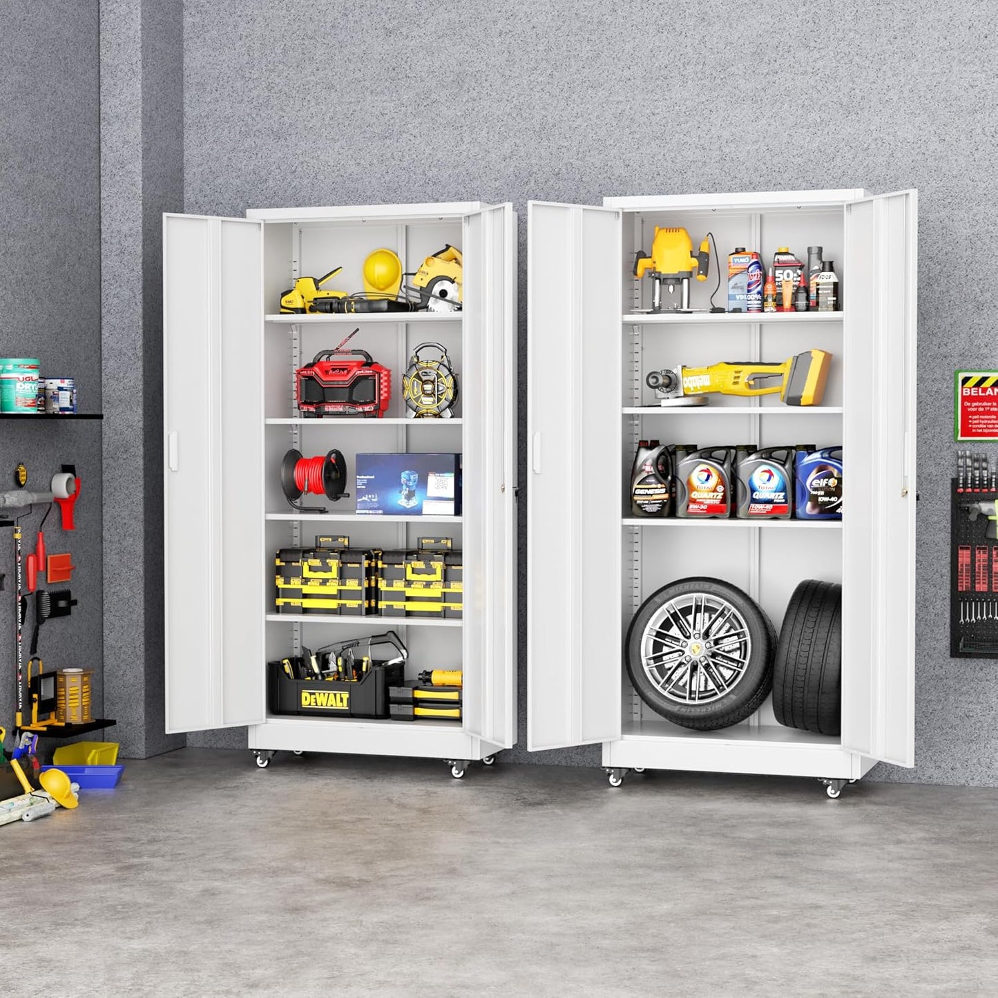 Greenvelly Metal Garage Storage Cabinet with Wheels, 73" White Steel Rolling Cabinet with 2 Door Lock and Adjustable Shelves,Locking Storage Cabinet for Garage Home Office Utility Room