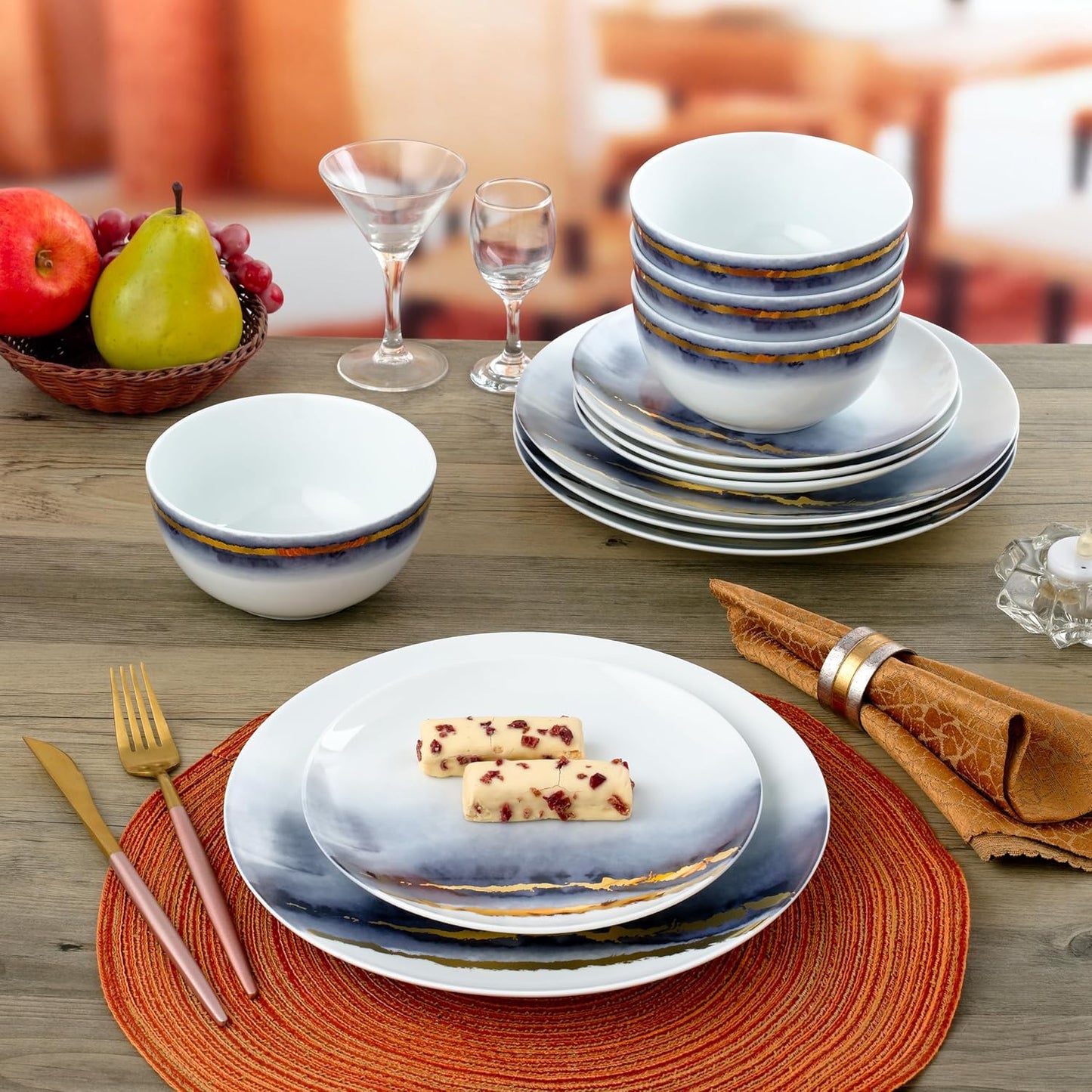 Joseph Sedgh Collection “Lazuli” 12-Piece Porcelain Dinnerware Set, Service for 4, Blue and Gold