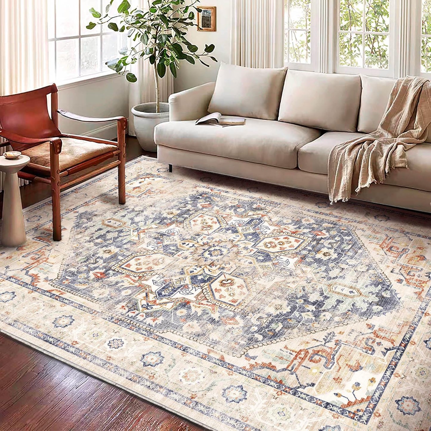 Washable Area Rug 9'x12' Blue Khaki Retro Flowers Boho Design Non-Shedding Easy Care Ideal for High Traffic Areas in Living Room Bedroom Office Coffee Table Kitchen Large Carpet