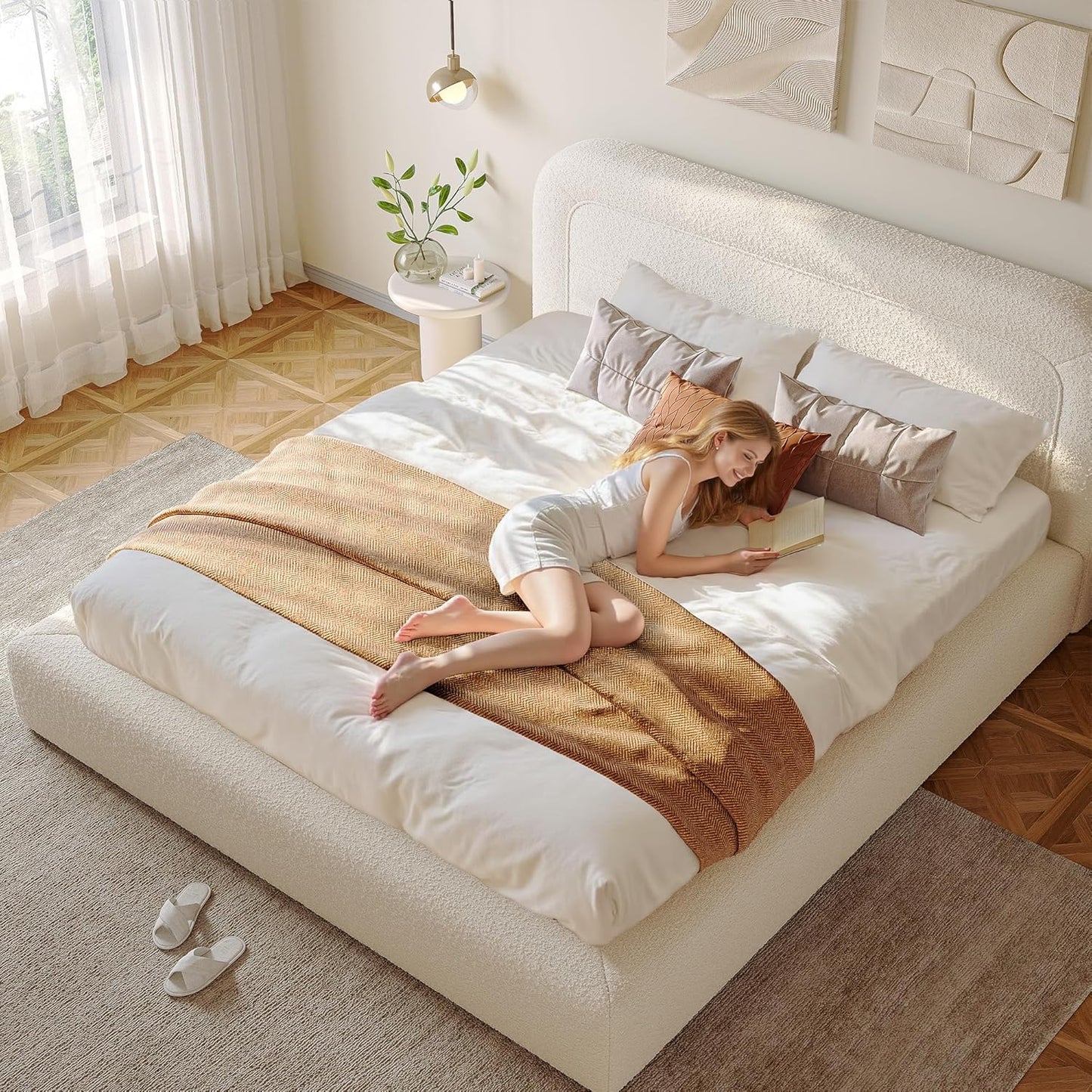 Queen Bed Frame with Headboard, Upholstered Cloud Bed Frame, Anti-Collision Soft Rounded Corners, for Modern Bedrooms, Apartments, Guest Rooms, White