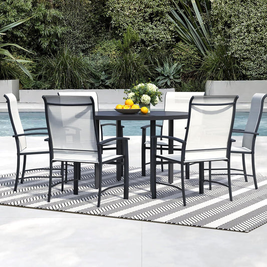 7 Piece Outdoor Dining Set, Patio Table and Chairs Set of 6, 47" Black Round Patio Table with 6 Oyster Beige Patio Chairs for Lawn, Garden, Porch