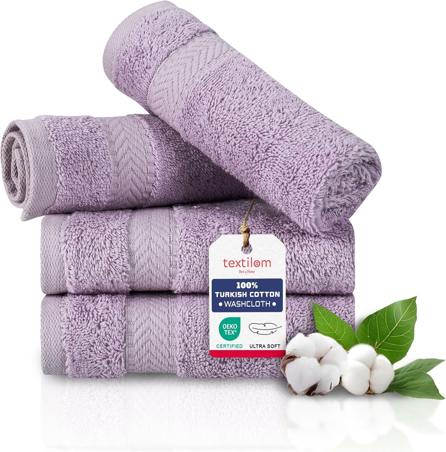 TEXTILOM Washcloths for Body and Face – Hotel and Spa Quality & Soft & Absorbent & Quick Dry Wash Cloths for Your Body – 100% Turkish Cotton Wash Clothes Towel Set of 4 (13 x 13 inches) - Lilac