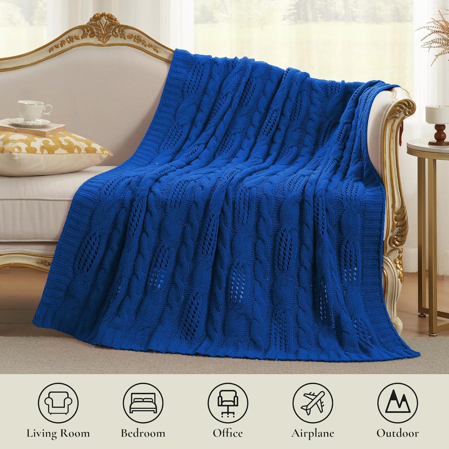 Amélie Home Chunky Knit Throw Blanket, Dual-Sided Soft Chenille Breathable Cable Knitted Blanket for Couch, Farmhouse Decorative Throw for Sofa & Chair, 50"x60", Blue
