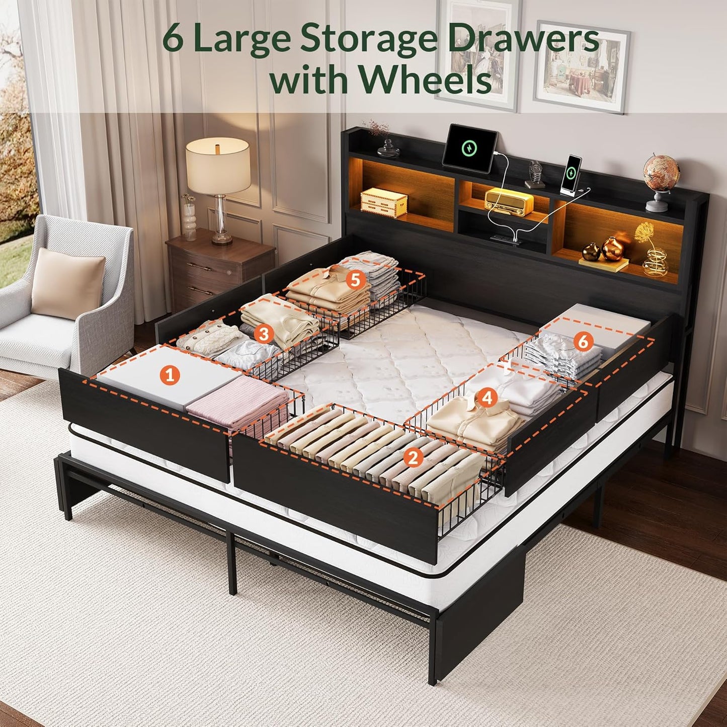 LARMACE King Size Bed Frame with 6 Storage Drawers and Headboard Wooden Platform Bed Frame with LED Lights and Charging Station Easy Assembly/No Box Spring Needed/Black