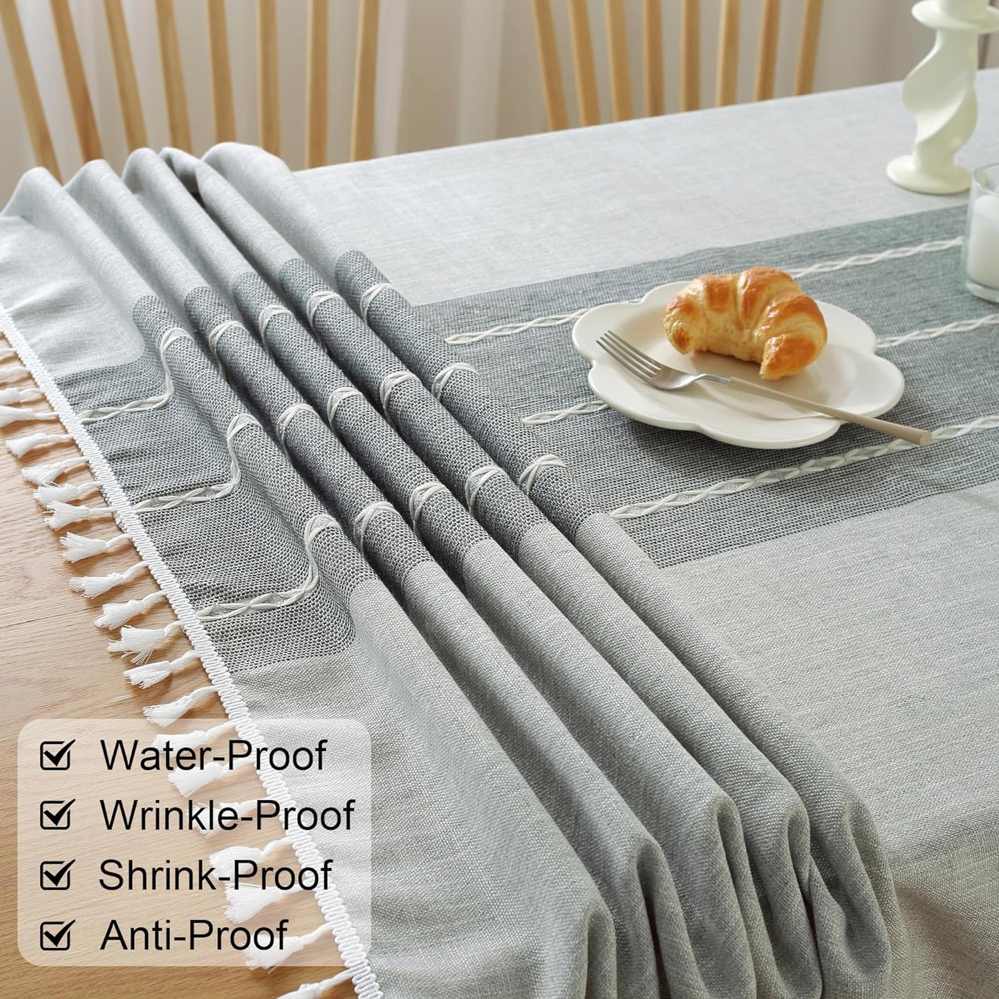 JIALE Tablecloths for Rectangle Tables,Cotton Linen Table Cloth Waterproof Tablecloth Wrinkle Free Farmhouse Dining Tables Cover,Soft Fabric Table Cloths with Tassels,Grey,55" X 102",8-10 Seats