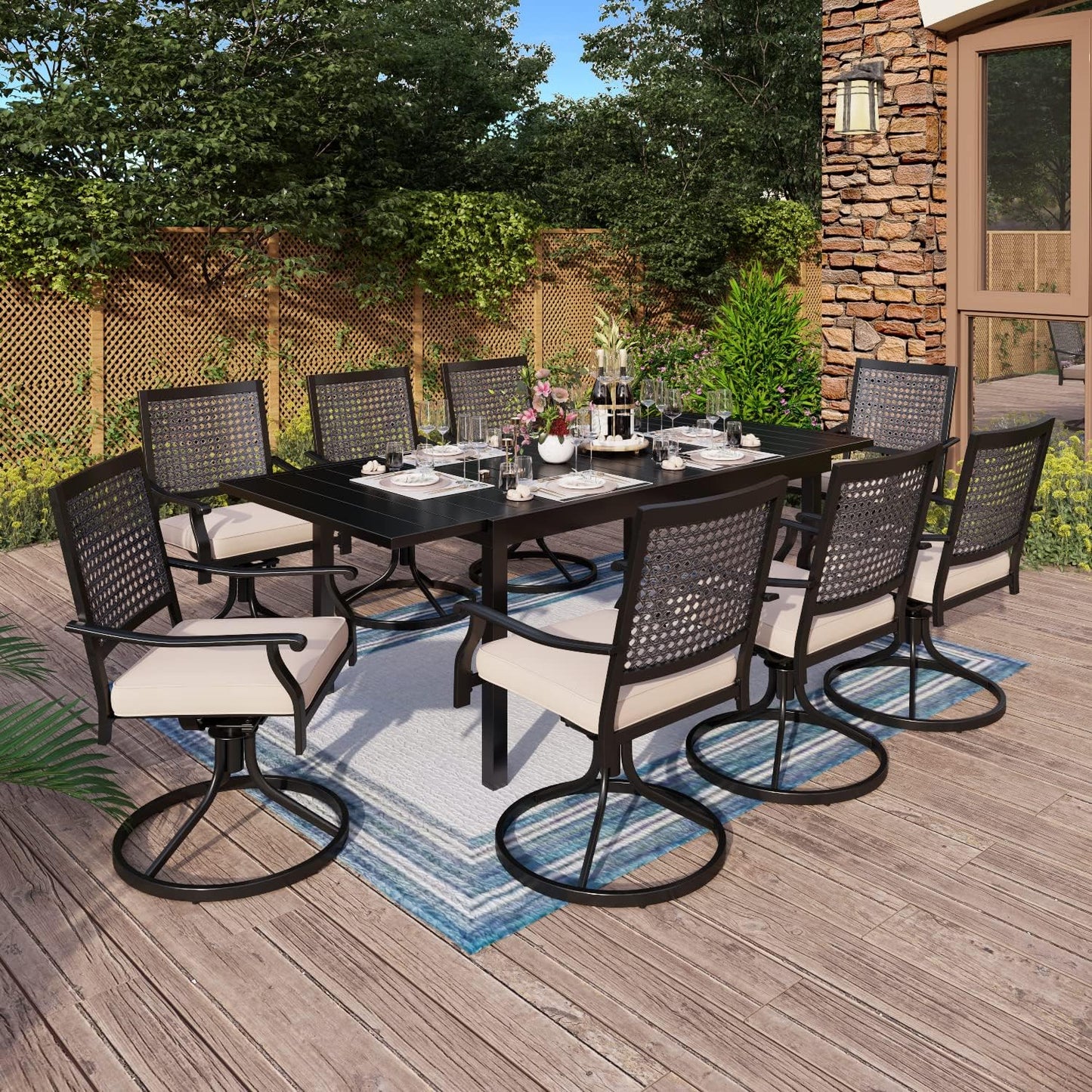 MFSTUDIO Patio Dining Set for 8, Outdoor Dining Set with Swivel Chairs, 9 Piece Metal Outdoor Patio Furniture Set for Deck Backyard Poolside Garden