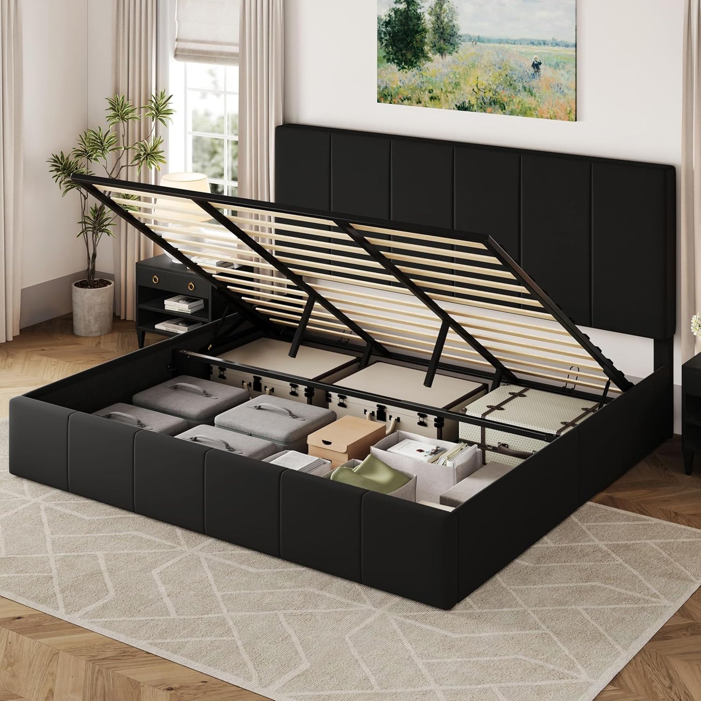 Allewie King Size Velvet Lift Up Storage Bed Frame, Vertical Channel Tufted Headboard, Hydrualic Underneath Storage, Upholstered Platform Bed, Wooden Slats Support, No Box Spring Needed, Black