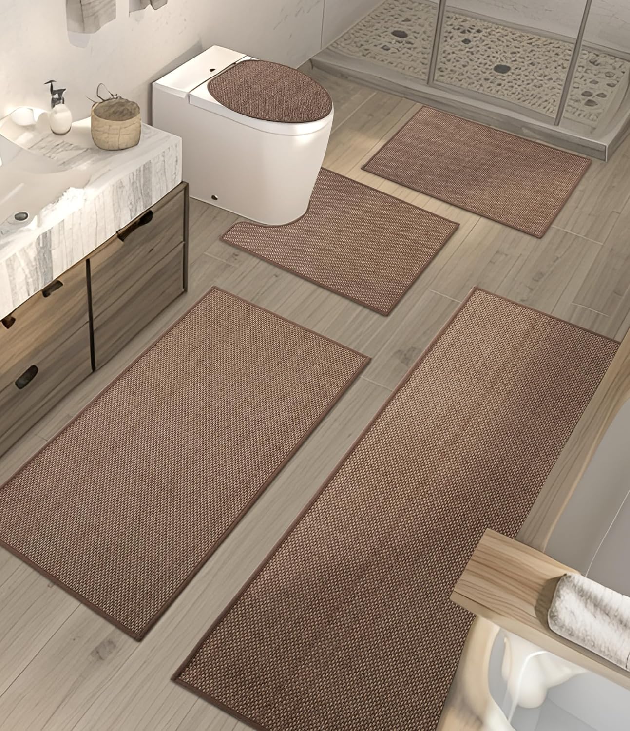 YIHOUSE Bathroom Rugs Sets 5 Pieces, Coffee Ultra Thin Bath Mats Fit Under Door, Absorbent Quickly Dry Rubber Backing Braided Bath Mat Set, Non Slip Washable Bath Rugs Mat for Bathroom Floor, Coffee