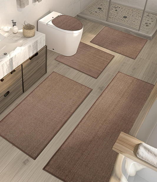 YIHOUSE Bathroom Rugs Sets 5 Pieces, Coffee Ultra Thin Bath Mats Fit Under Door, Absorbent Quickly Dry Rubber Backing Braided Bath Mat Set, Non Slip Washable Bath Rugs Mat for Bathroom Floor, Coffee