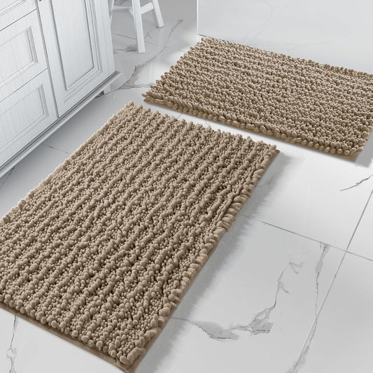 Yimobra Bathroom Rugs Sets 2 Piece - Quick Dry Extra Thick Luxury Chenille Bath Mat, Non Slip Super Absorbent for Tub Shower Sink, Machine Washable Shaggy Floor Mat, 32"x20"+24"x17" Inch, Pale Khaki