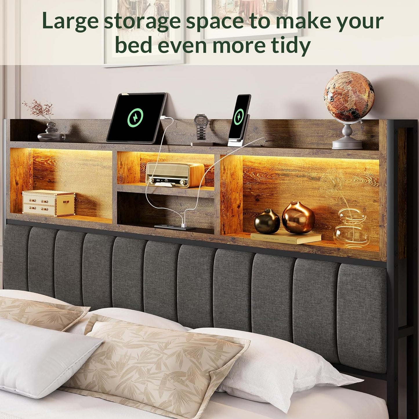 LARMACE King Bed Frame with 6 Storage Drawers, Bed Frame King Size with Linen Upholstered Headboard, Built in Charging Station and LED, No Noise, Metal Support, No Box Spring Needed,Vintage Brown