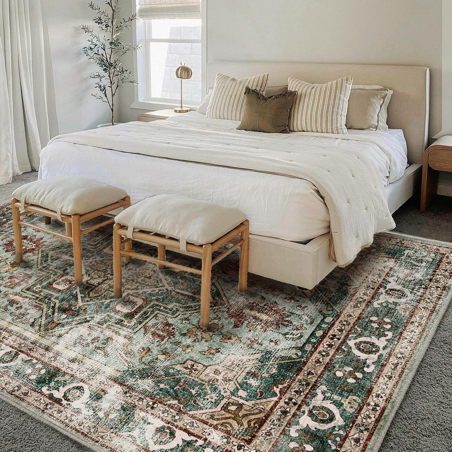 Green Area Rug 10'x14' Washable Vintage Traditional Mat Distressed Indoor Foldable Thin Retro Accent Floral Print Rug Non Slip Carpet for Living Room Dining Room Office