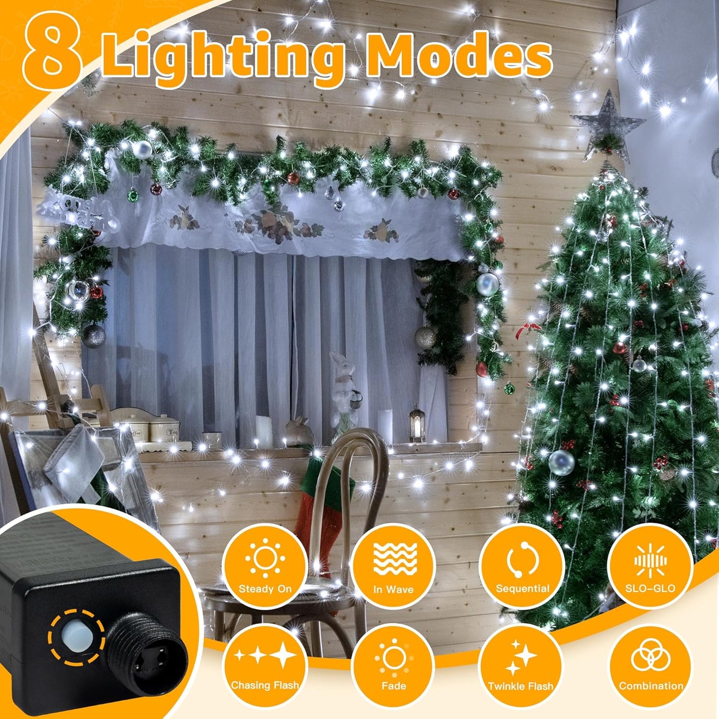Ollny 120LED 40FT String Lights, Waterproof Connectable Christmas Lights with Timer 8 Modes, Cool White Plug in Fairy Light for Indoor Outdoor Bedroom Xmas Tree Holiday Party Decorations