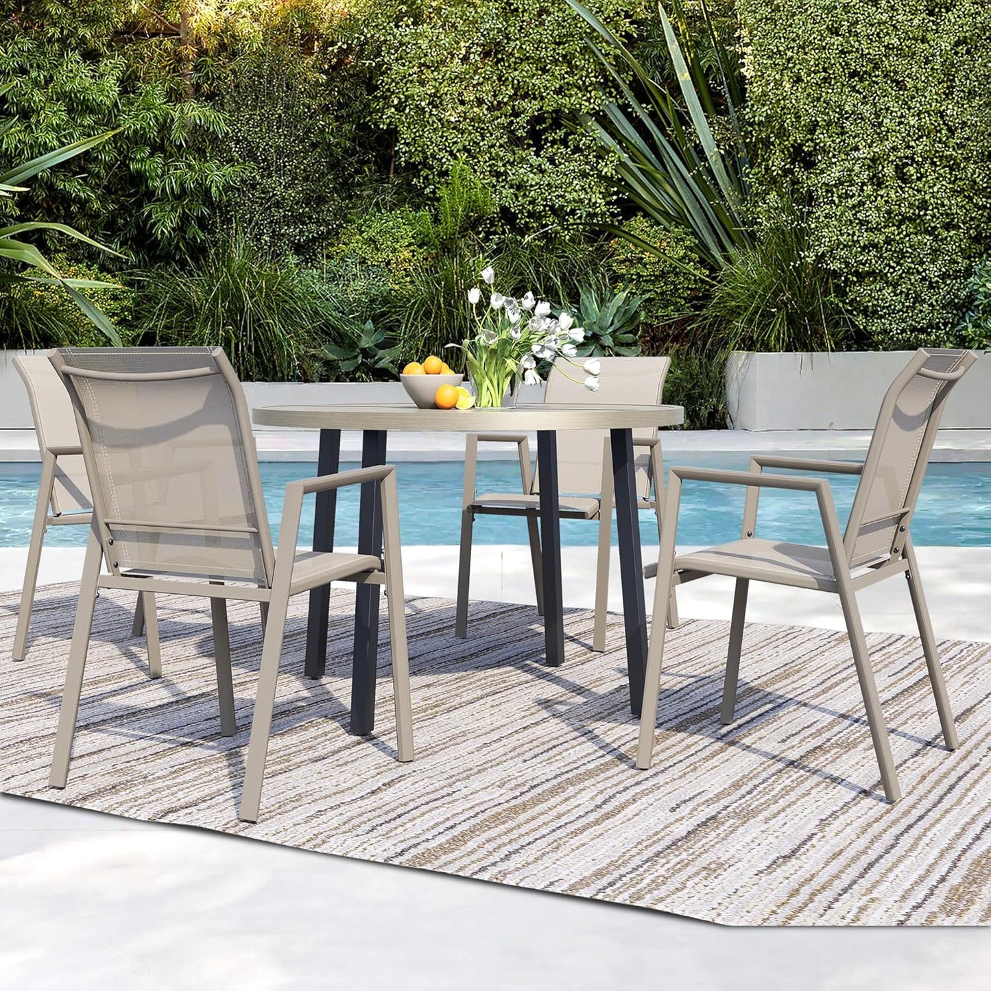 5 Piece Outdoor Dining Set, Patio Table and Chairs Set of 4, 42" Honey Oak Round Patio Table with 4 Honey Oak Stackable Patio Chairs for Lawn, Garden, Porch