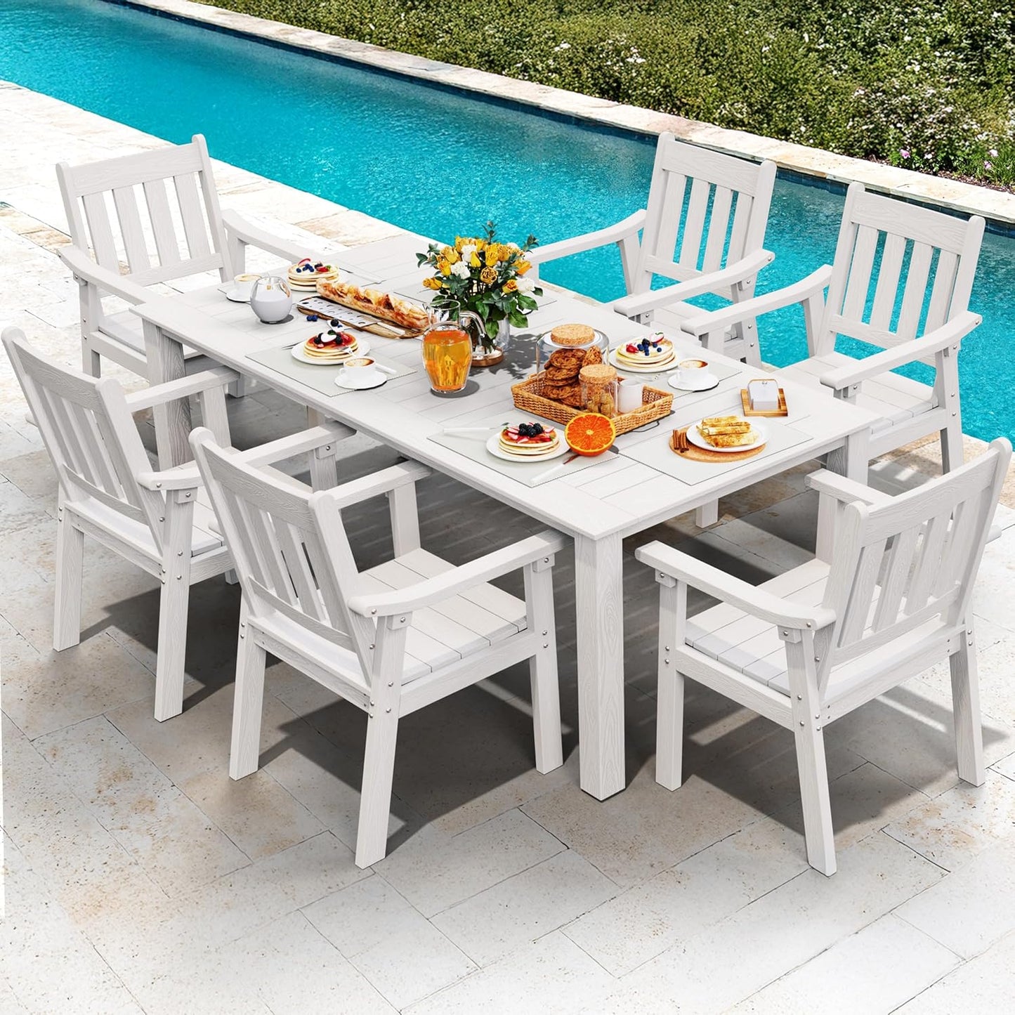 YEFU HIPS Patio Table Set: 7 Piece Outdoor Table and Chairs Dining Furniture Set with Umbrella Hole - White Modern Plastic Dining Sets 6 Person for Outside Deck with Metal Aluminum Frame