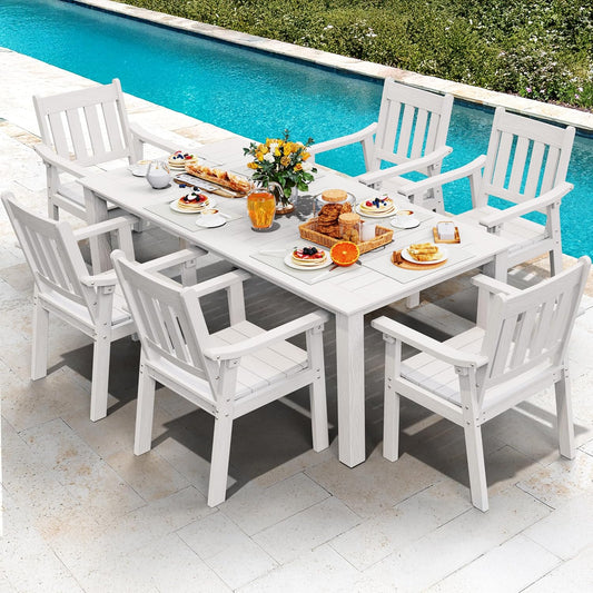 YEFU HIPS Patio Table Set: 7 Piece Outdoor Table and Chairs Dining Furniture Set with Umbrella Hole - White Modern Plastic Dining Sets 6 Person for Outside Deck with Metal Aluminum Frame