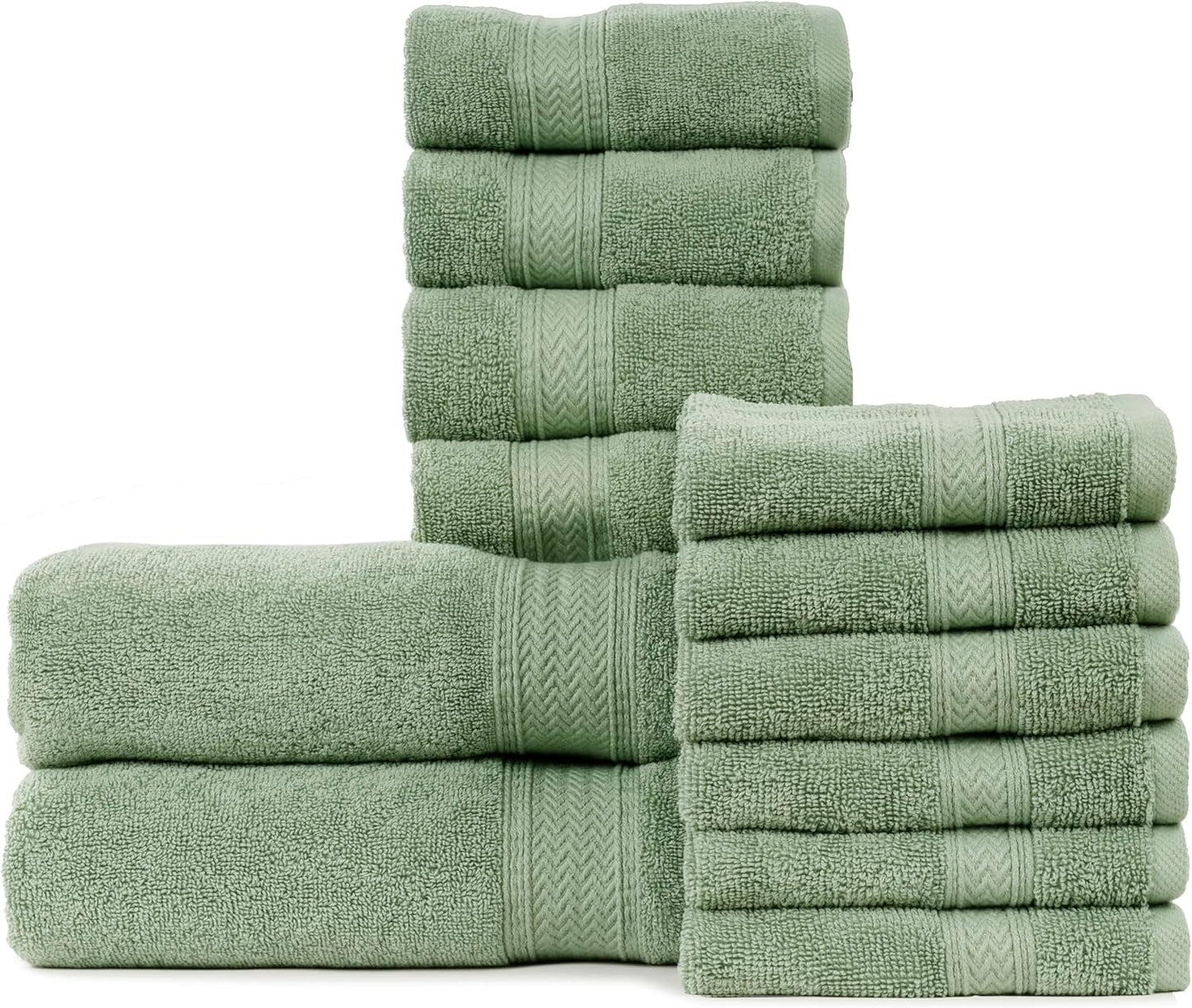 HILLFAIR 12-Piece Cotton Bath Towel Set - 600 GSM - Hotel Spa Towels - 2 Bath, 4 Hand, 6 Washcloths - Absorbent Soft Cotton - Sage