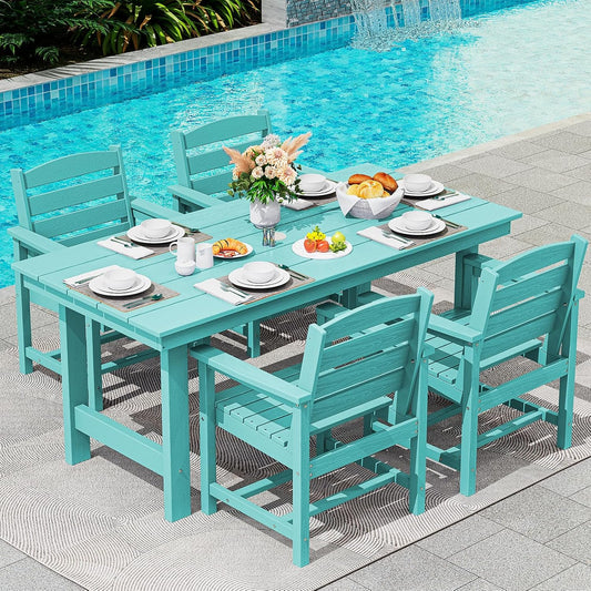 SERWALL Patio Table Set, 5-Piece Outdoor HDPE Furniture with Umbrella Hole, All Weather Dining Table and Chairs for Lawn, Garden, Poolside, Aruba