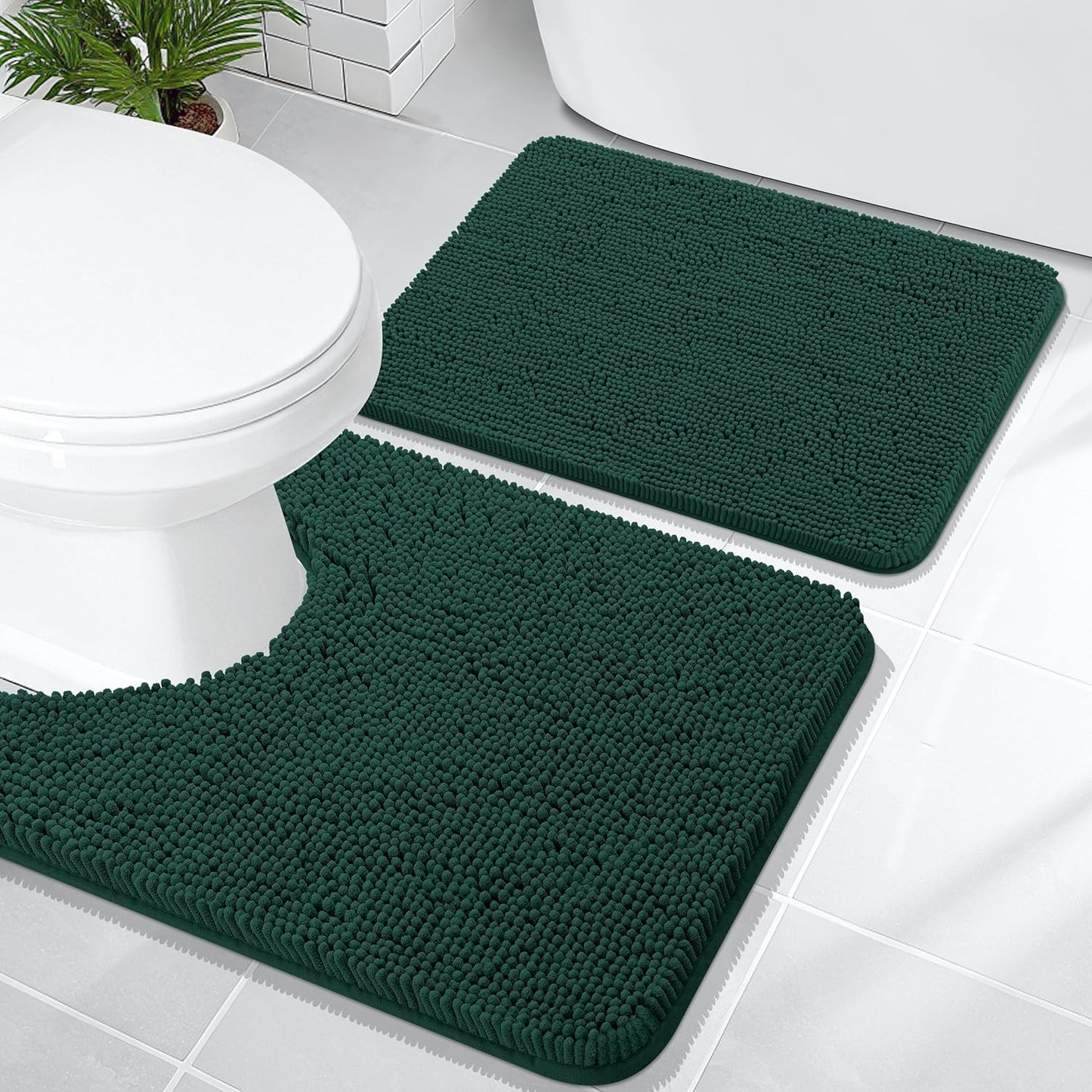 OLANLY Bathroom Rugs Sets 2 Piece, Soft Absorbent Chenille Bath Mats and U-Shaped Contour Toilet Mat Area Rug Set, Machine Washable Bath Carpet, Home Decor Accessories(24"x16"+24"x20", Blackish Green)