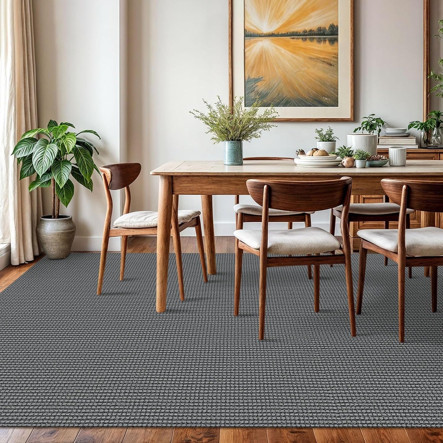 KOZYFLY Washable Area Rug 6x9 ft Rubber Backed Non Slip Rugs for Living Room Braided Cotton Bedroom Rug Woven Office Rugs Indoor Floor Carpets for Dining Bedroom Living Room, Grey/Dark Grey