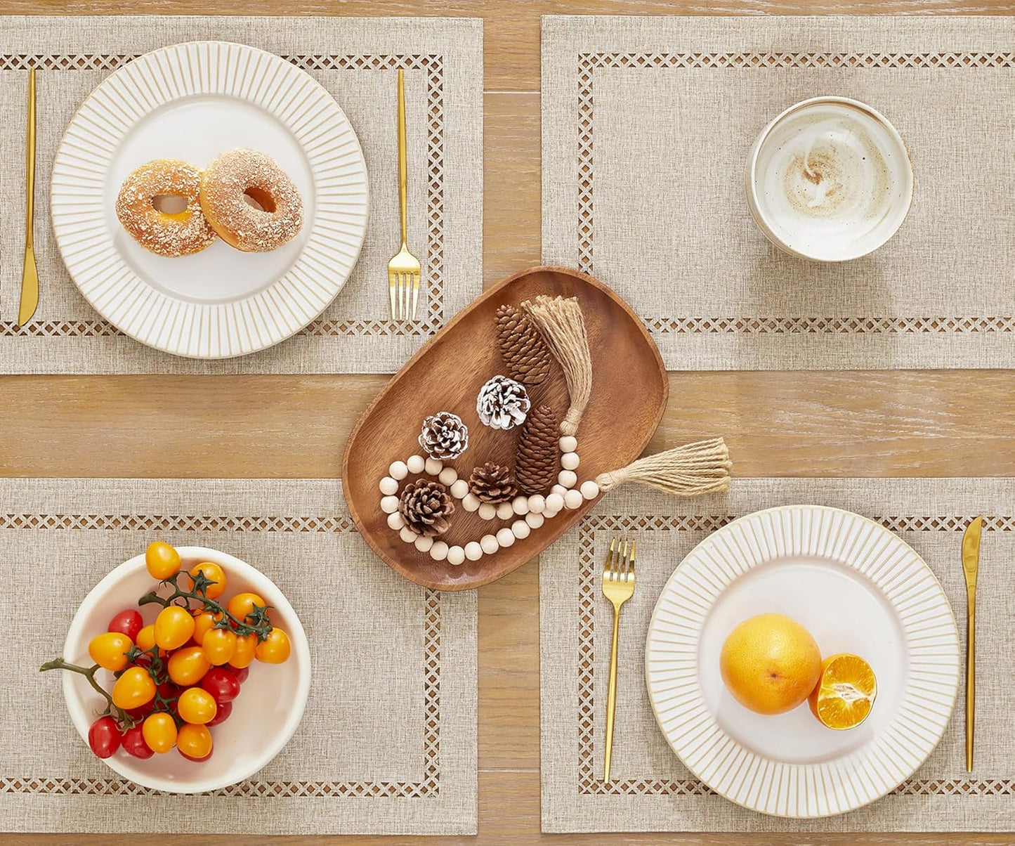 Burlap Placemats Set of 6, 12 x 18 Inch Rustic Geometric Hollow Place Mats, Heat Resistant Placemats for Farmhouse Kitchen Table Decor, Coffee 6PCS