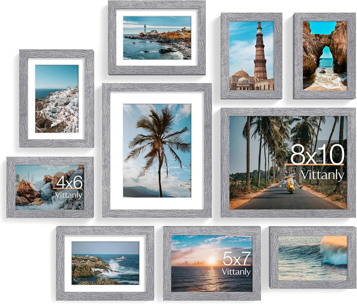 Vittanly 10 Pack Picture Frames Collage Wall Decor, Gallery Wall Frame Set for Wall or Tabletop Display, Engineered Wood and Shatter-resistant Plexiglass, Multi Sizes with 8x10, 5x7, 4x6 Frames, Grey
