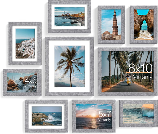 Vittanly 10 Pack Picture Frames Collage Wall Decor, Gallery Wall Frame Set for Wall or Tabletop Display, Engineered Wood and Shatter-resistant Plexiglass, Multi Sizes with 8x10, 5x7, 4x6 Frames, Grey