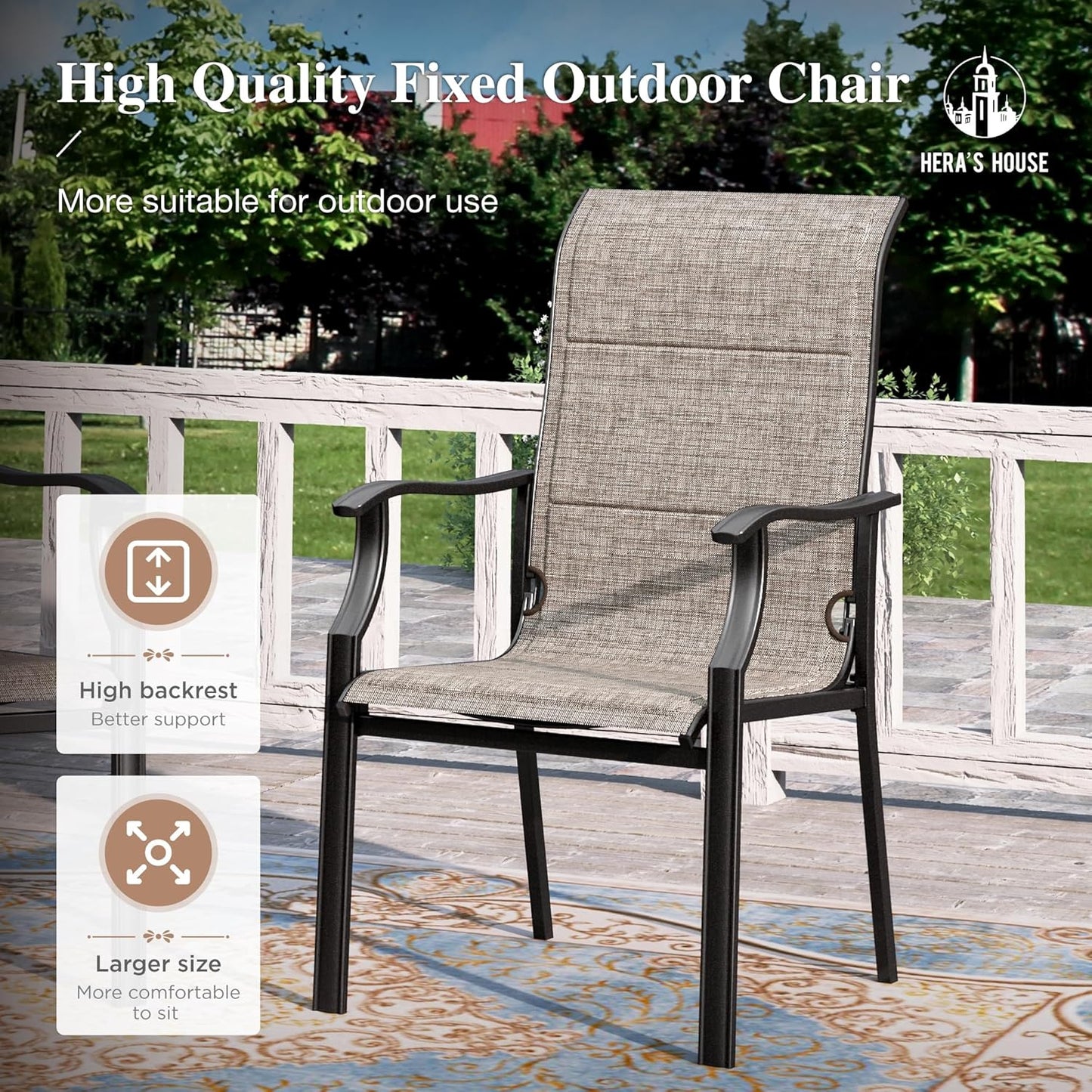 HERA'S HOUSE 7 Pieces Patio Dining Set, Outdoor Dining Set for 6, 6 x All Weather Textilene Padded Patio Dining Chair, 1 x Rectangular Large Surface Wood Like Dining Table, for Lawn Garden Backyard