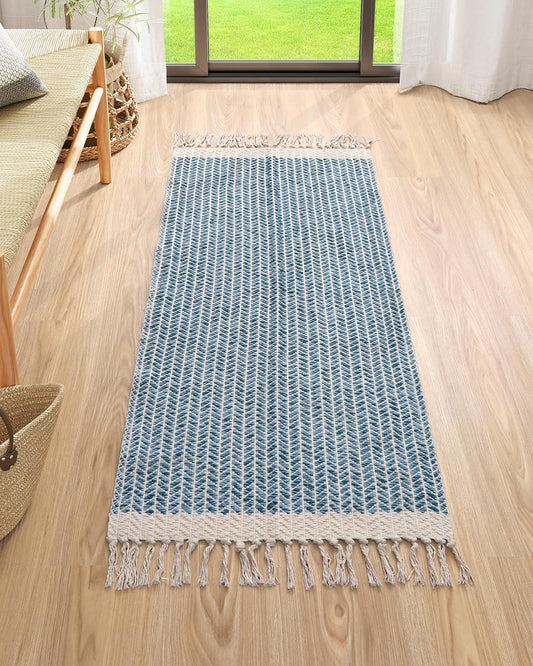 Lahome Boho Laundry Room Rug Runner, 2x4.3 Bathroom Runner Rug Lightweight Kitchen Rugs Woven Cotton Throw Mat with Tassels, Farmhouse Washable Blue Rugs Low Pile for Bedroom Door Mat