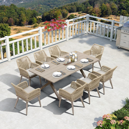 PURPLE LEAF 9 Pieces Outdoor Dining Set All-Weather PE Rattan Outdoor Patio Furniture Set with All Aluminum Frame Rectangular Table and Chairs Set for Lawn Garden Backyard Deck, Champagne