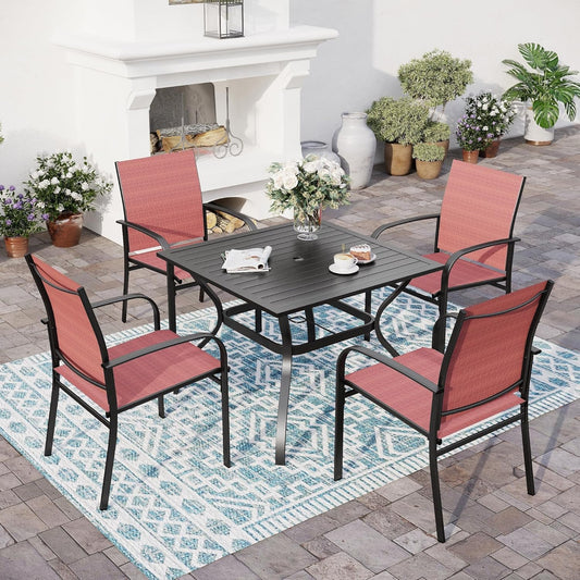 5 Piece Patio Dining Set for 4, 37”x37” Square Table with Umbrella Hole, 4 Metal Red Chairs, Outdoor Table and Chairs Set for Lawn Backyard and Deck