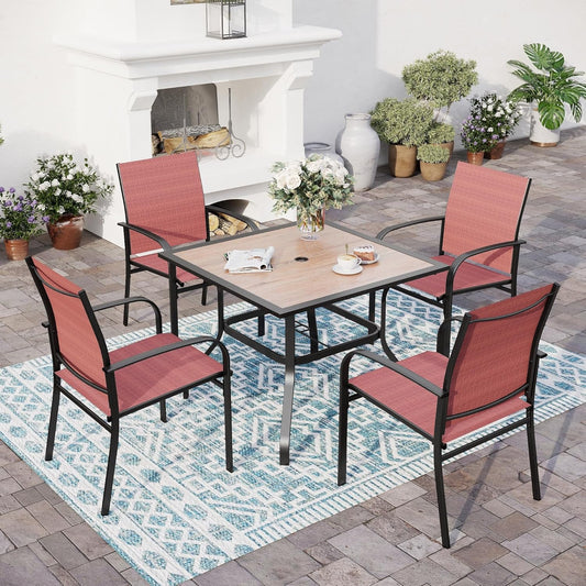 5 Piece Patio Dining Set for 4, 37'x37' Square Table with Umbrella Hole and 4 Metal Chairs, Outdoor Table and Chairs Set for Lawn, Backyard and Deck, Red