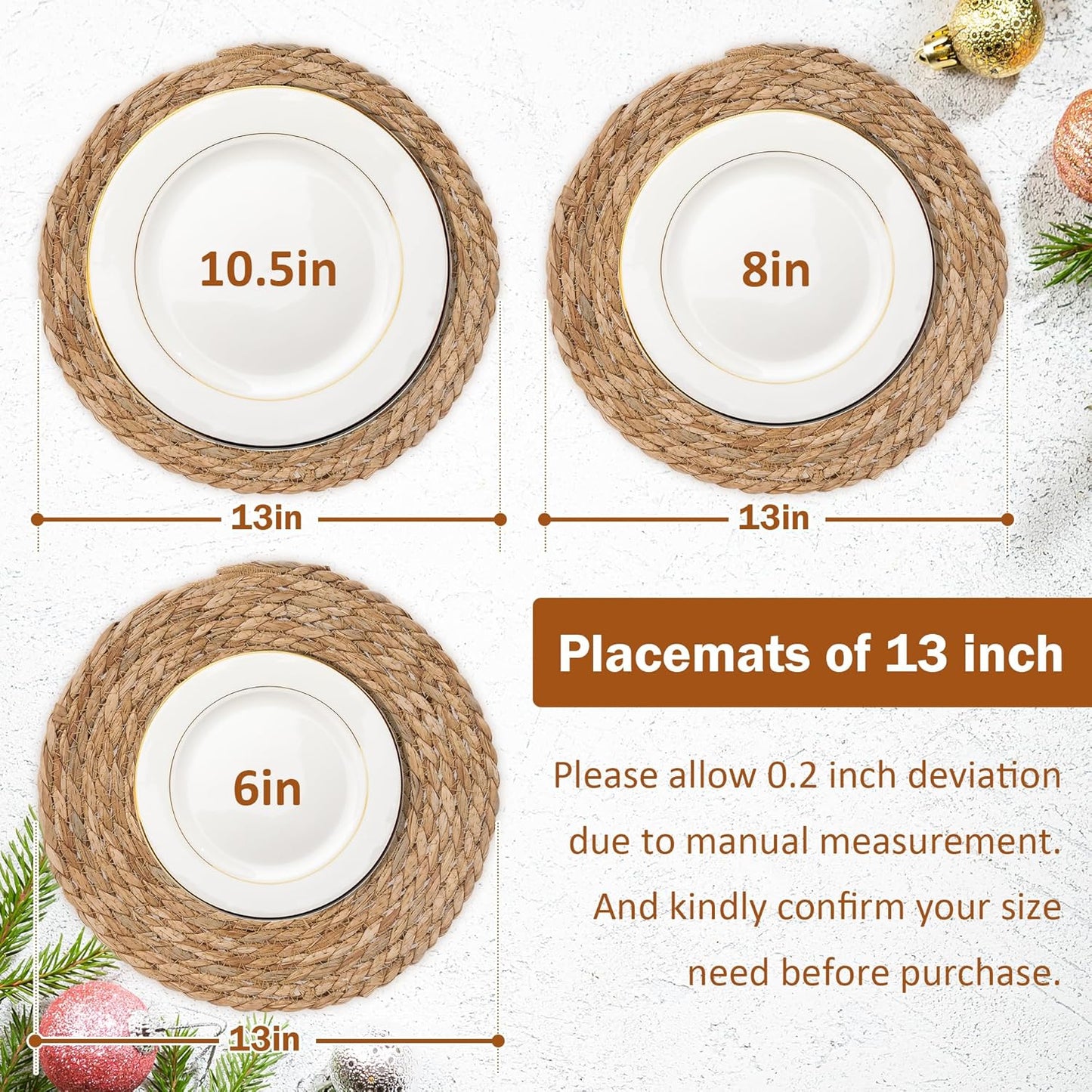 GENMOUS Woven Placemats Set of 6, 13" Round Placemats Natural Water Hyacinth Boho Placemats, Farmhouse Rattan Chargers for Dinner Plates,Rustic Braided Wicker Table Mats for Dining Table,Home,Wedding
