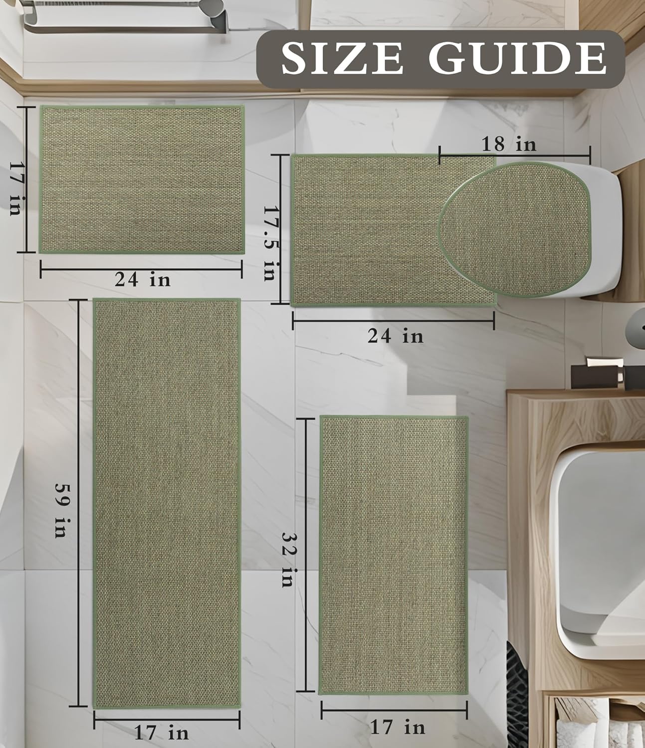 YIHOUSE Bathroom Rugs Sets 5 Pieces, Green Ultra Thin Bath Mats Fit Under Door, Absorbent Quickly Dry Rubber Backing Braided Bath Mat Set, Non Slip Washable Bath Rugs for Bathroom Floor, Green