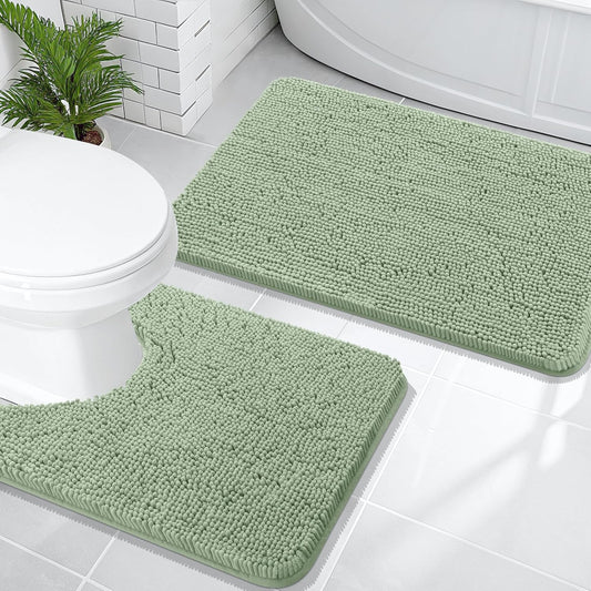 OLANLY Bathroom Rugs Sets 2 Piece, Soft Absorbent Chenille Bath Mats and U-Shaped Contour Toilet Mat Area Rug Set, Machine Washable Bath Carpet, Home Decor Accessories(30"x20"+24"x20", Sage Green)