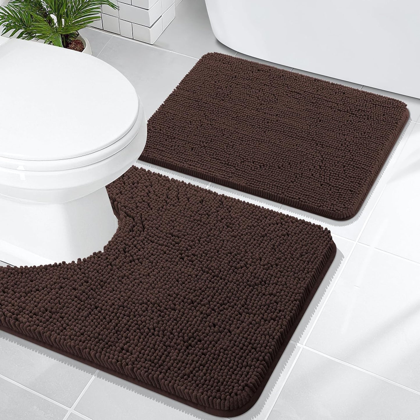 OLANLY Bathroom Rugs Sets 2 Piece, Soft Absorbent Chenille Bath Mats and U-Shaped Contour Toilet Mat Area Rug Set, Machine Washable Bath Carpet, Home Decor Accessories(24"x16"+24"x20", Brown)