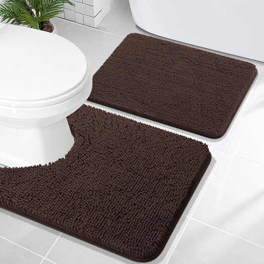 OLANLY Bathroom Rugs Sets 2 Piece, Soft Absorbent Chenille Bath Mats and U-Shaped Contour Toilet Mat Area Rug Set, Machine Washable Bath Carpet, Home Decor Accessories(24"x16"+24"x20", Brown)