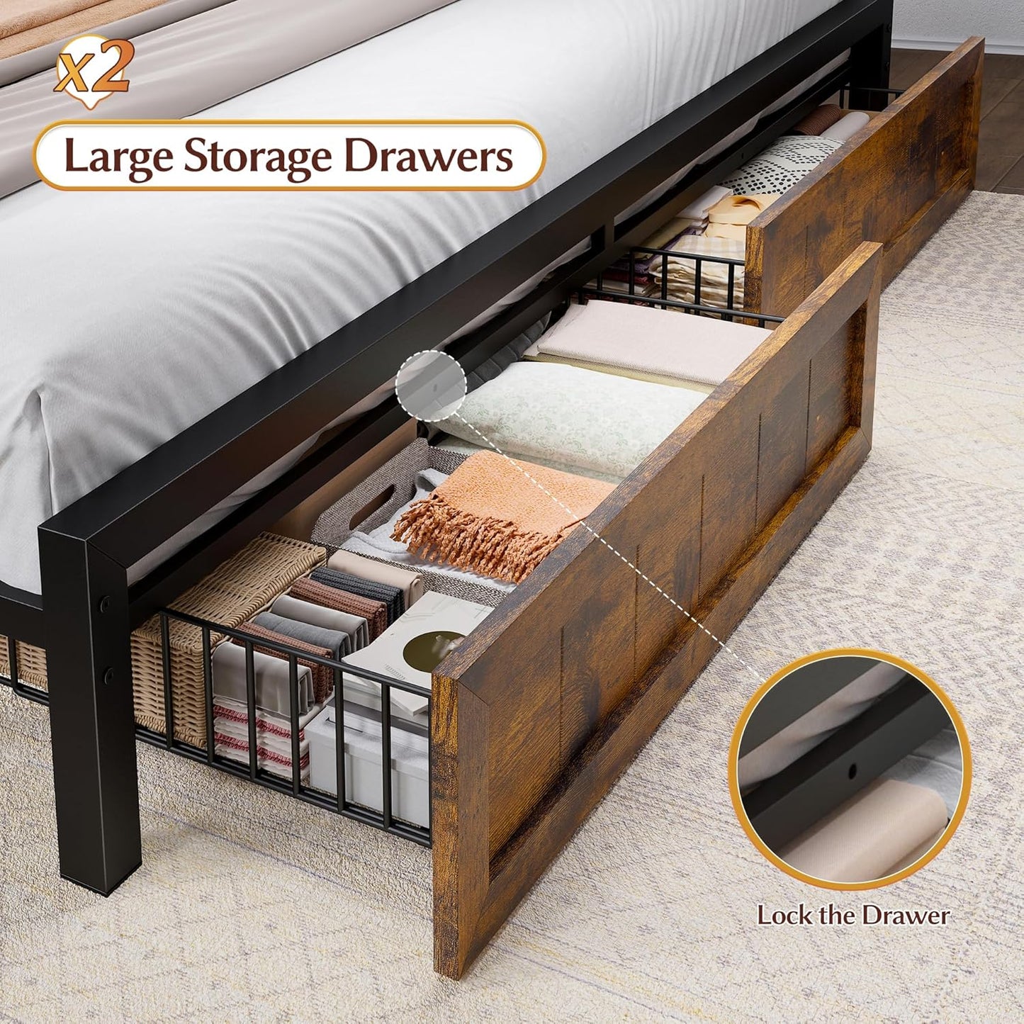 EnHomee Queen Metal Bed Frame with 2 Storage Drawers, Built in Charging Station & LED Light,NO Noise,No Box Spring Needed,Rustic Brown