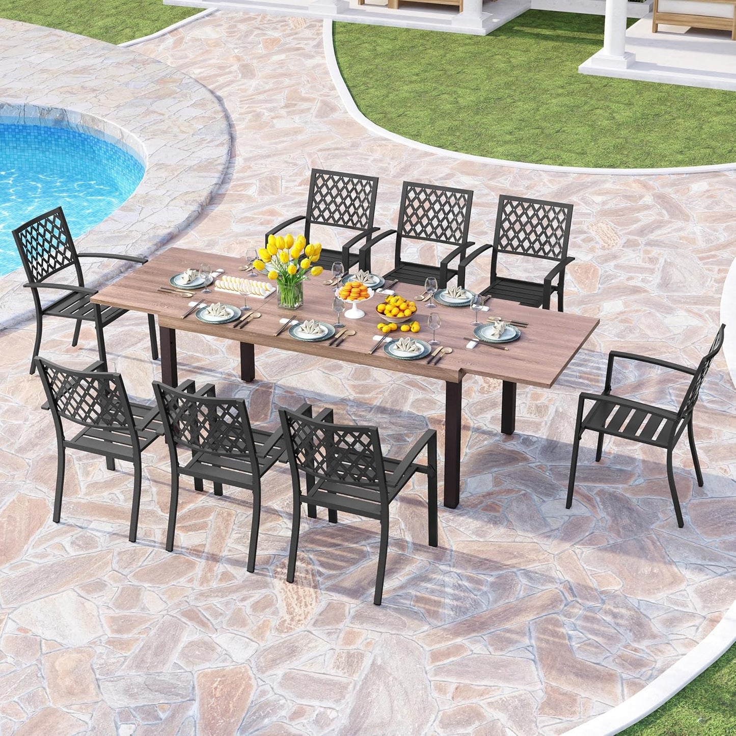 PHI VILLA 9 Pieces Outdoor Dining Set for 8, Expandable Wood-Like Metal Table & Wrought Iron Stackable Chairs, Large Dining Furniture for Patio, Deck, Backyard, Porch