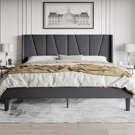 HOOMIC King Size Platform Bed Frame with Geometric Wingback Headboard, Wooden Slats Support, No Box Spring Needed, Modern Style in Dark Grey