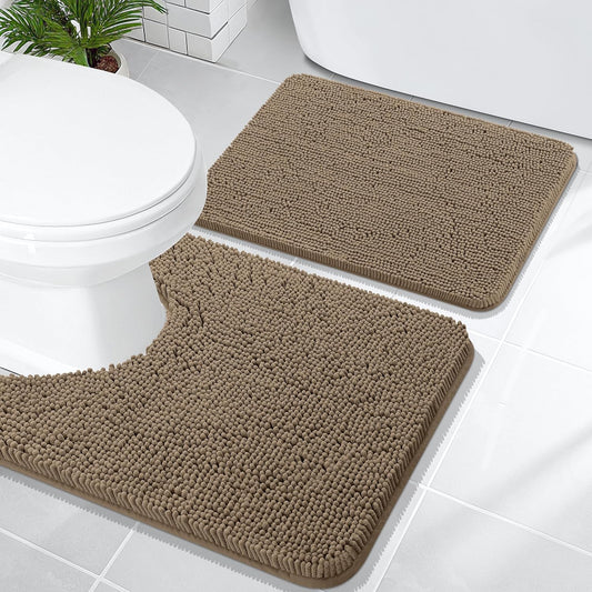 OLANLY Bathroom Rugs Sets 2 Piece, Soft Absorbent Chenille Bath Mats and U-Shaped Contour Toilet Mat Area Rug Set, Machine Washable Bath Carpet, Home Decor Accessories(24"x16"+24"x20", Tan)