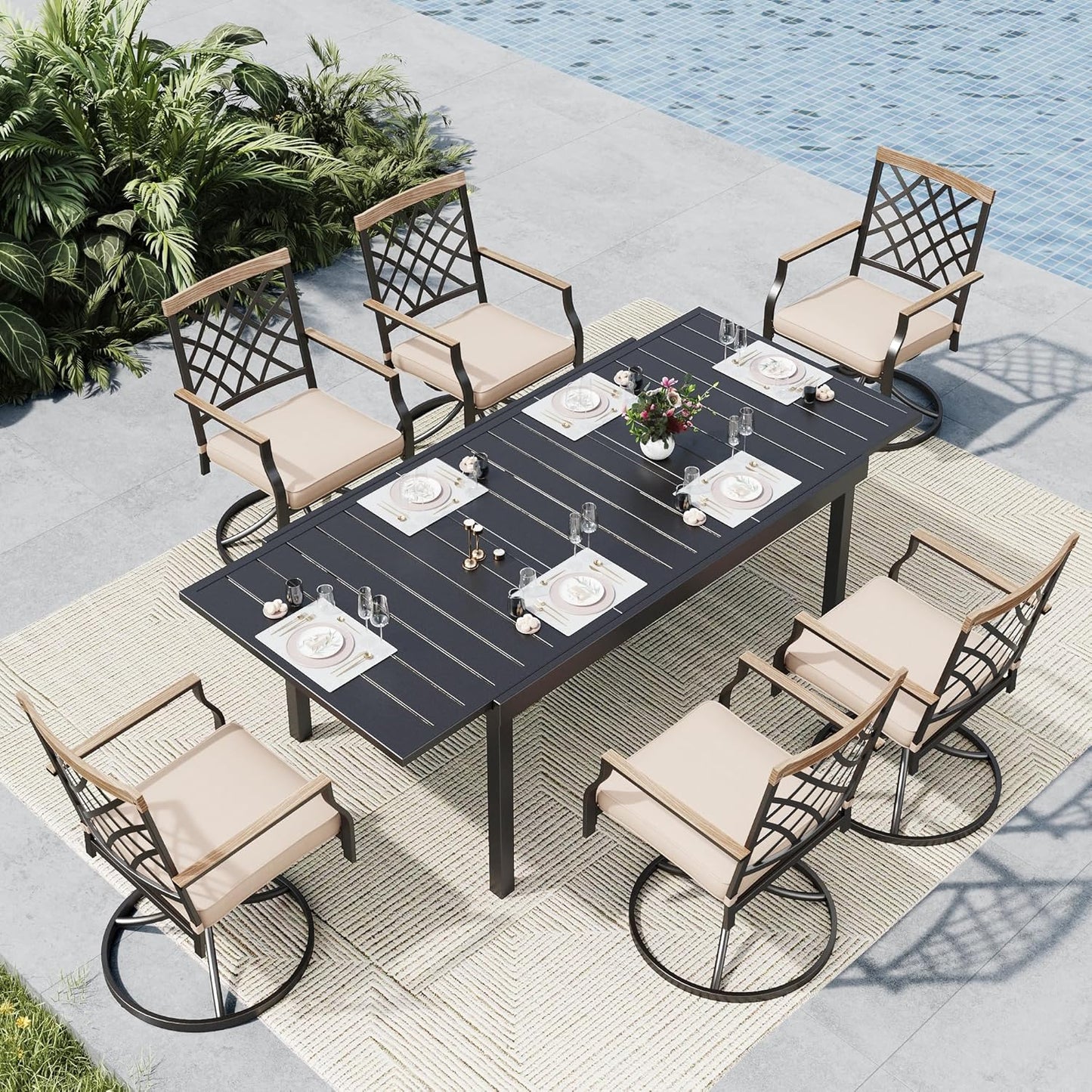 MFSTUDIO Outdoor Dining Set for 6, Patio Dining Sets with Expandable Table, 7 Piece Metal Patio Table and Chairs Set, Outdoor Patio Furniture Set for Deck Backyard Poolside Garden