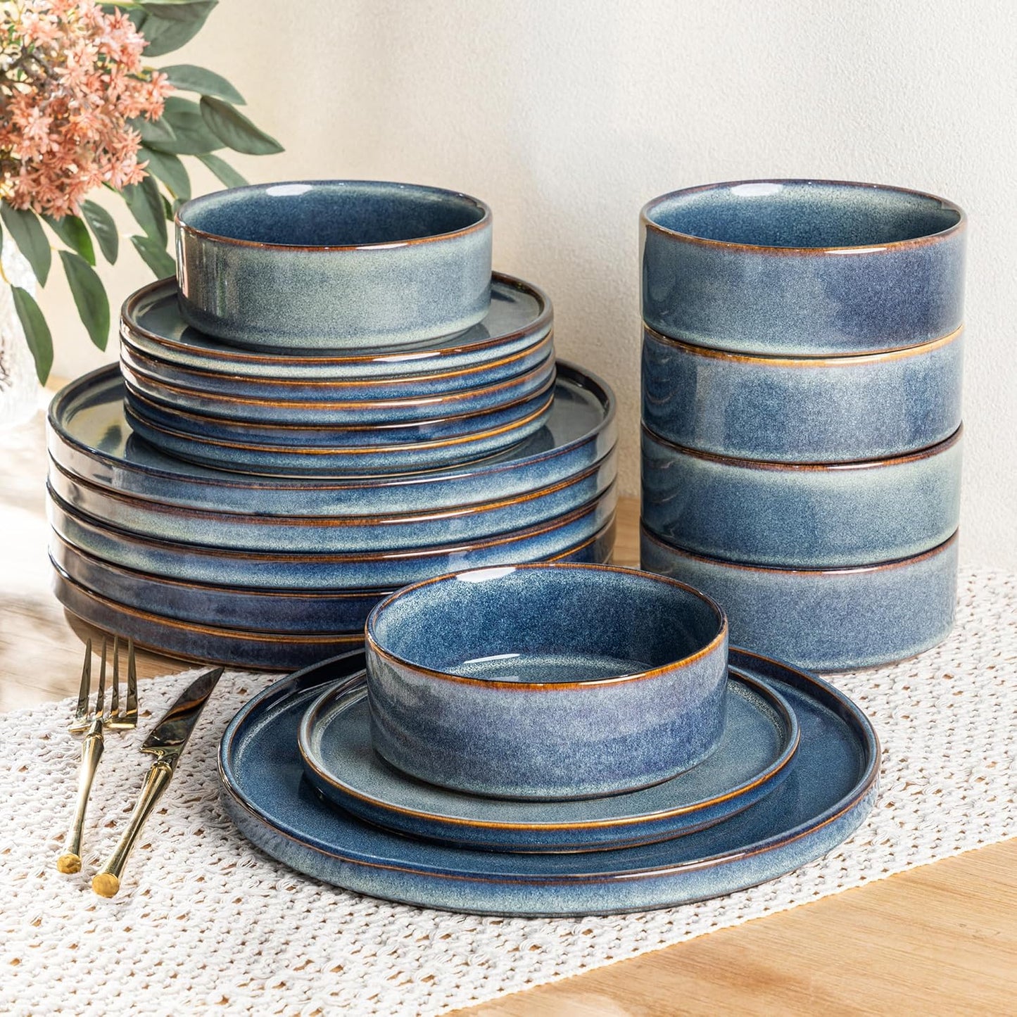 AmorArc Ceramic Dinnerware Sets, Handmade Reactive Glaze Stoneware Plates and Bowls Sets,Highly Chip and Crack Resistant | Dishwasher & Microwave Safe Dishes Set, Service for 6 (18pc)