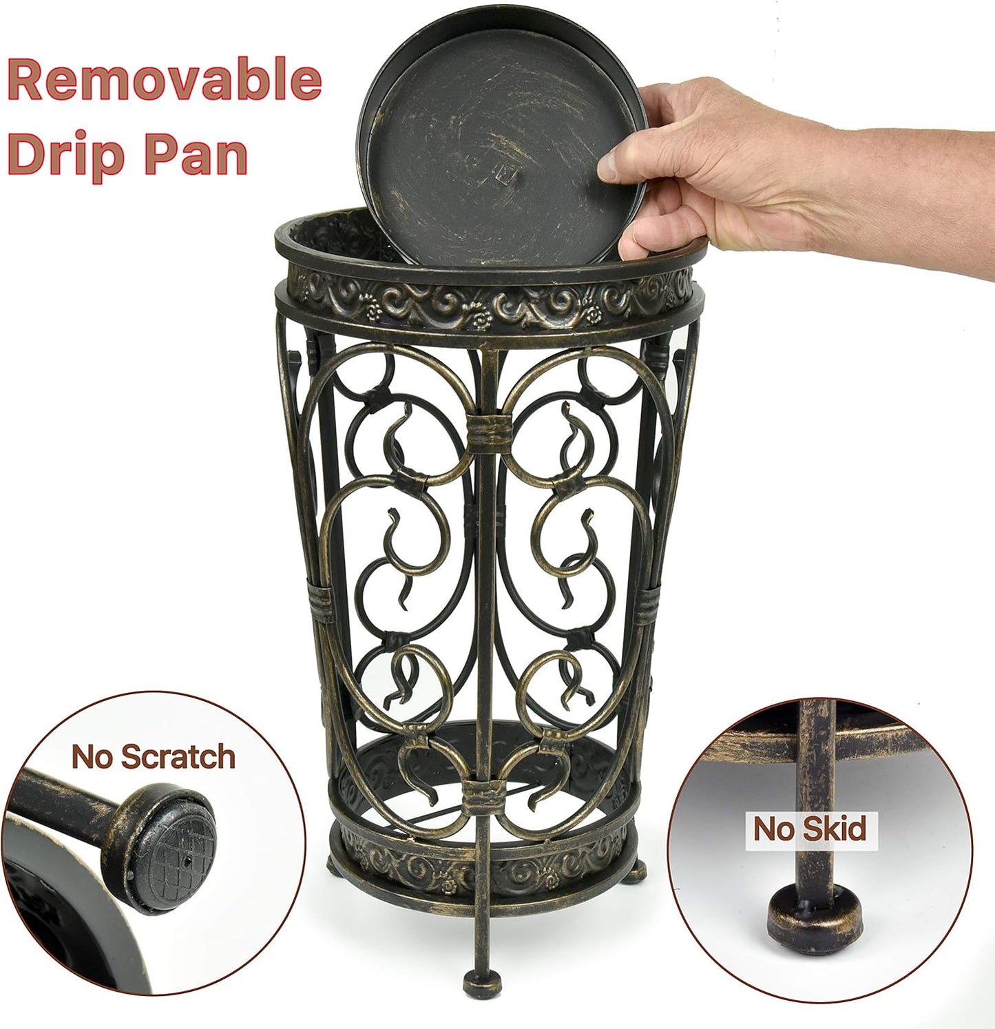 Dualplex Umbrella Holder for Entryway, Umbrella Stand Metal Antique Look, Indoor Entry Hallway Décor, Round Style with Removable Drip Tray. Home Office Rack Holds Umbrellas Canes Walking Sticks
