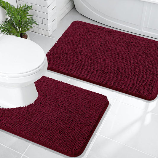 OLANLY Bathroom Rugs Sets 2 Piece, Soft Absorbent Chenille Bath Mats and U-Shaped Contour Toilet Mat Area Rug Set, Machine Washable Bath Carpet, Home Decor Accessories(24"x16"+24"x20", Burgundy)