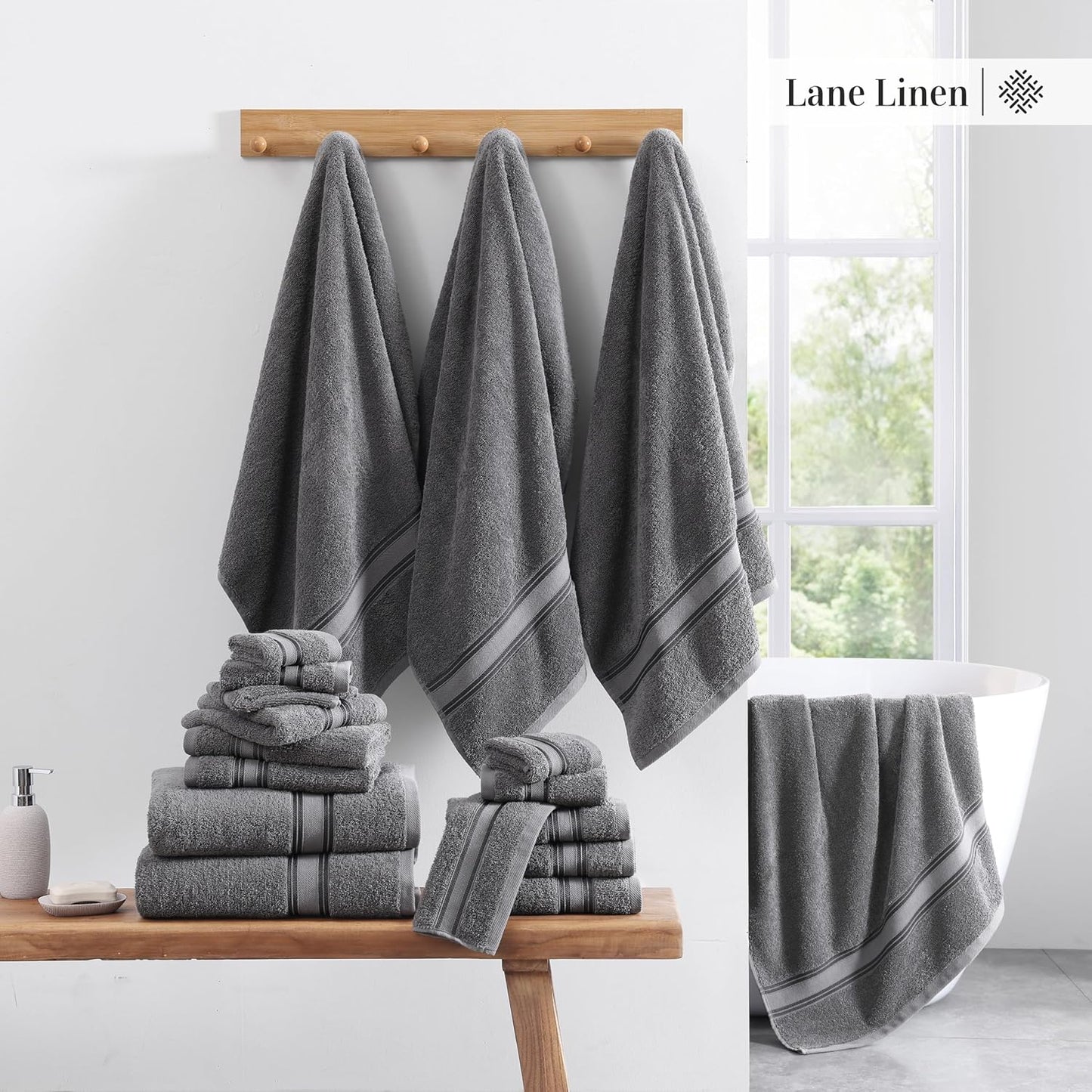 Lane Linen 100% Cotton Luxury Towel Set for Bathroom - 18 Pieces, Zero Twist - Super Plush, Very Soft & Absorbent - 6 Bath Towels, 6 Washcloths, 6 Hand Towels - Suitable for All Skin Types - Cool Grey