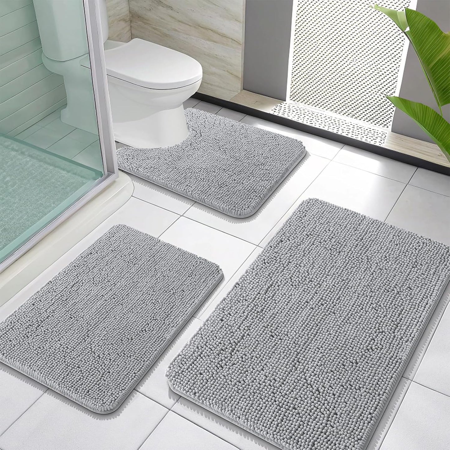 OLANLY Bathroom Rugs Sets 3 Piece, Soft Absorbent Chenille Bath Mats and U-Shaped Contour Toilet Rug, Quick Dry, Home Decor Accessories, Bath Mat Set for Bathroom (30"x20"+24"x16"+24"x20", Light Grey)