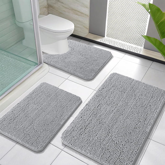 OLANLY Bathroom Rugs Sets 3 Piece, Soft Absorbent Chenille Bath Mats and U-Shaped Contour Toilet Rug, Quick Dry, Home Decor Accessories, Bath Mat Set for Bathroom (30"x20"+24"x16"+24"x20", Light Grey)